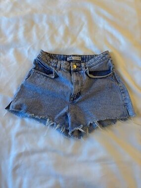 Zara Light Blue Frayed Hem Denim Shorts